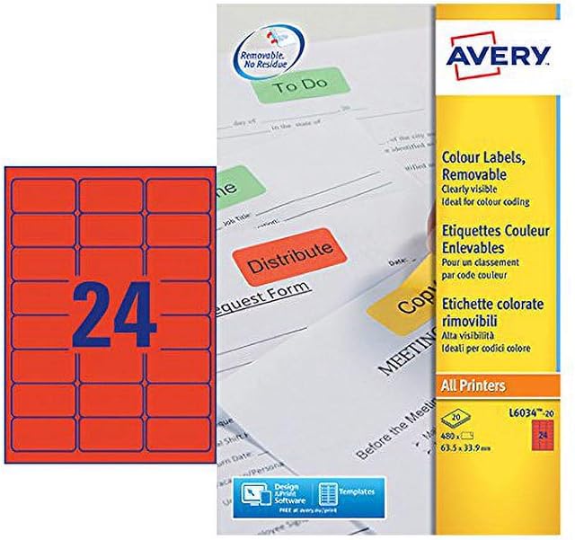 Avery TS-190099 L6034-20 Label, Red, Pack of 480