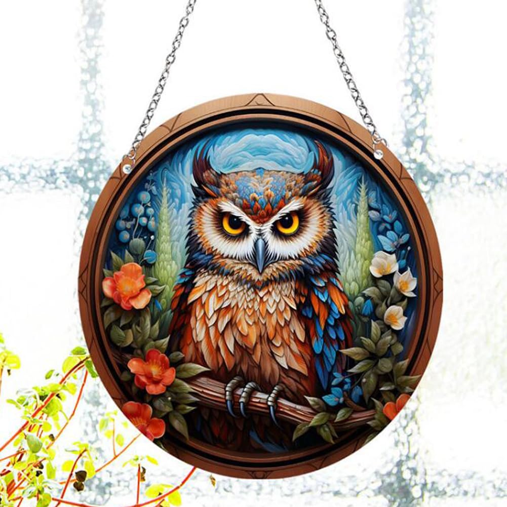 ZZHAOYI Owl Stained Acrylic Window Hanging Ornament, Animal Series Wall Art Decor Acrylic Panel Forest Themed Decor Hanging with Chain Home Garden Decor, Birds Lovers Gift (Owl, 5.9'')