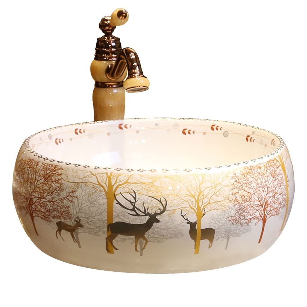 AYCDL Vanity Sink Basin Bathroom Vessel Sink Nordic Round Ceramic Washbasin Forest Art Countertop Basin Bathroom Utensils Sink with Faucet Bathroom Vanity