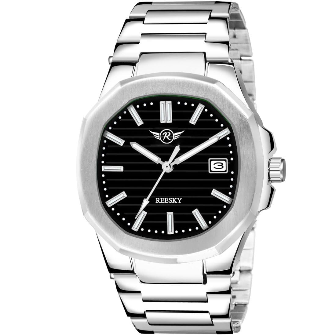 REESKY Luxury Silver Analog Watch, Day and Date Display, Automatic Quartz Movement, Mens Wrist Watch (Black) (B0D2TY84LC) Amazon Price History, Amazon Price Tracker