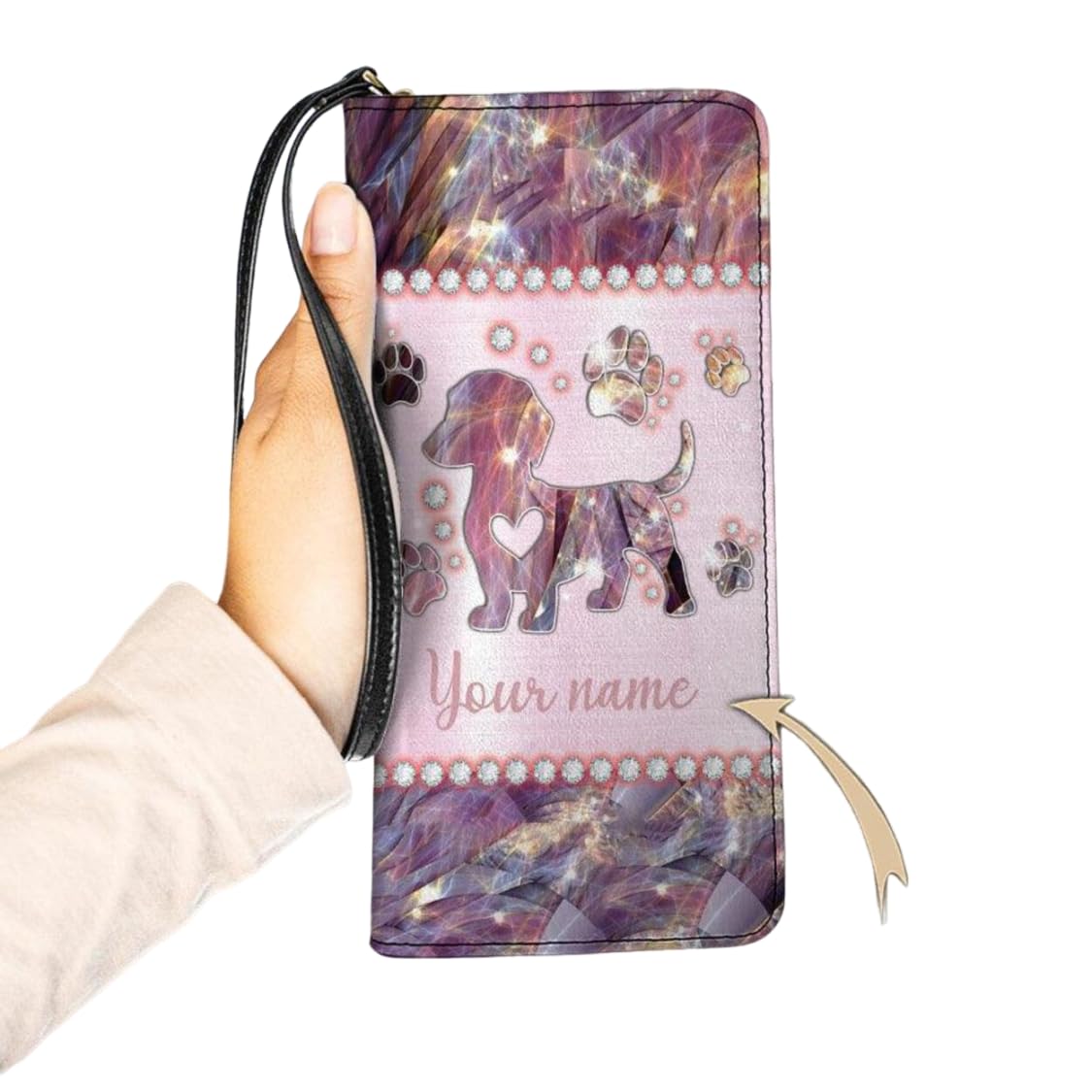 Personalized Dachshund Women Leather Wallet, Custom Name Cute Wiener Dog RFID Blocking Zip Wallet, Boho Multi Card Clucth Wristlet, Vintage Gift for Dachshund Mom (One Size, Dachshund Mable)
