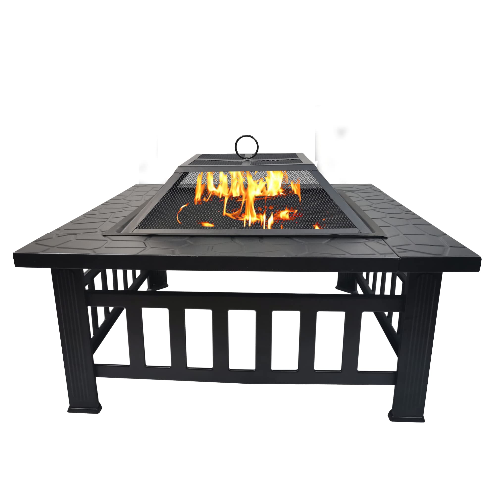 BillyOh Fire Pit with BBQ Grill Table | Garden Patio Heater with Lid, Fire Poker and Waterproof Cover | Square Metal Ice Pit | Outdoor Camping Barbecue | 3 in 1 Phoenix | Black