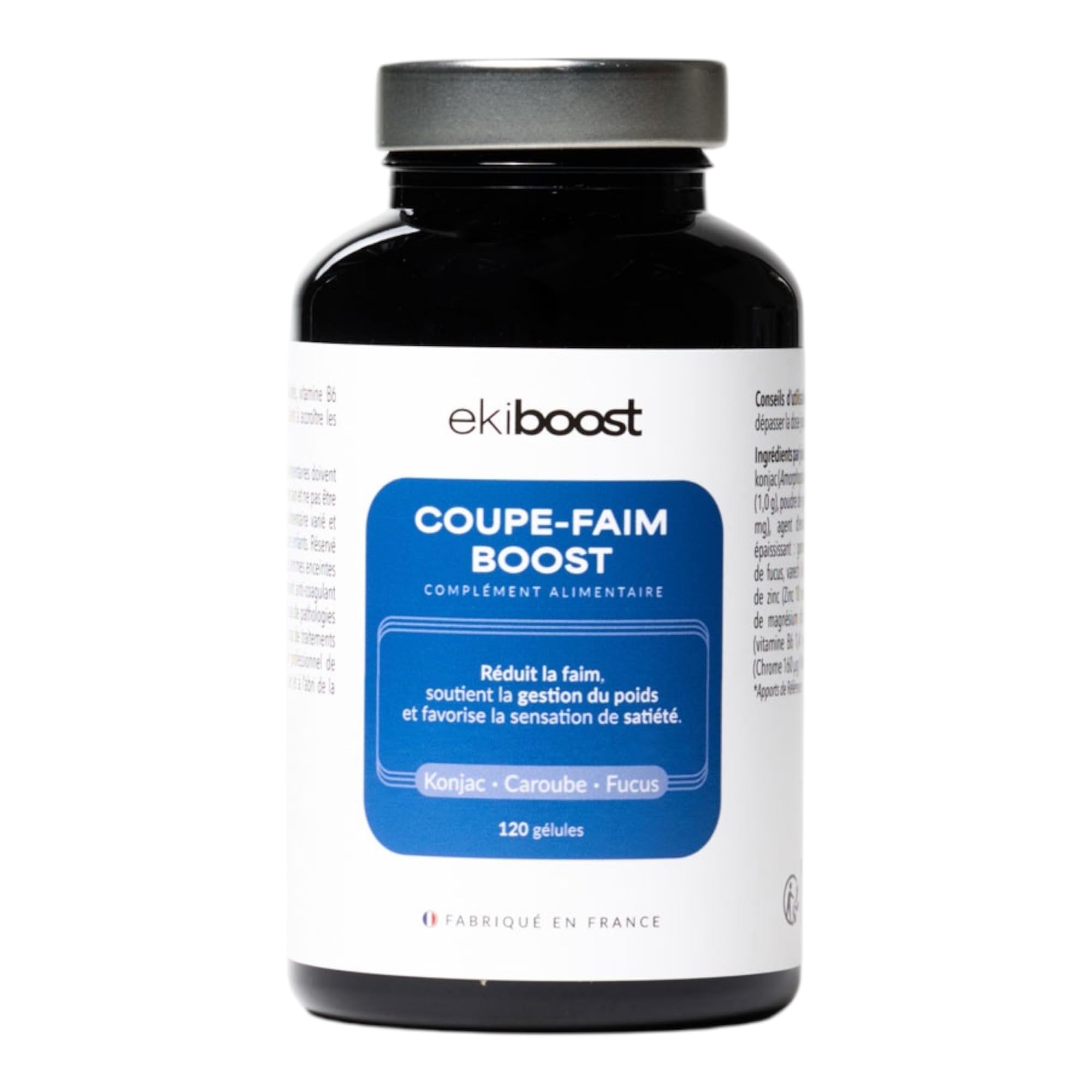 COUPE FAIM | Hautement dosé | Konjac, Fucus, Caroube, Vitamine B6 & Bisglycinate de Zinc | Complément Alimentaire à base de plantes | Vitamines & Minéraux | Fabriqué en France | 120 Gélules | Ekiboost