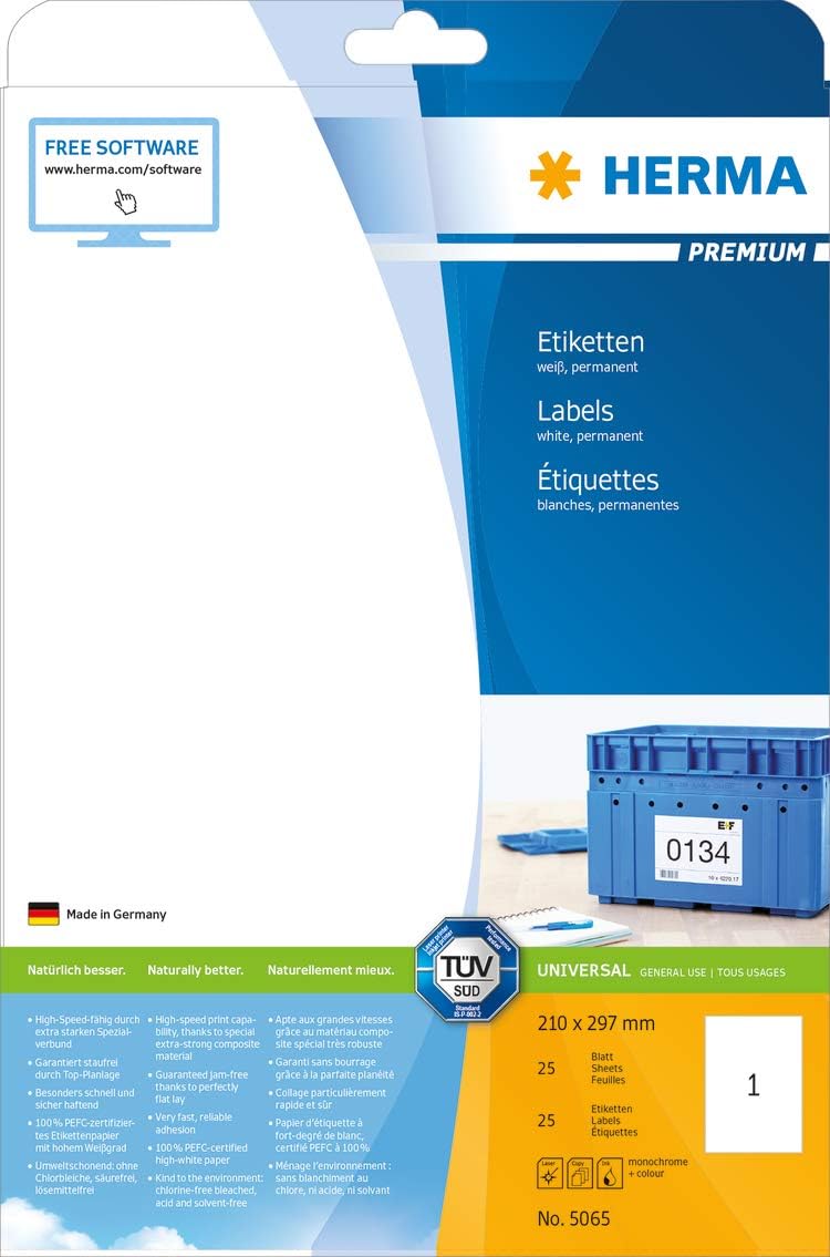HERMA Self Adhesive Multipurpose Labels, 1 Label per A4 Sheet, 25 Sheets, 210 x 297 mm, 25 Labels, Blank Universal Labels Stickers, Sticky Labels for Laser & Inkjet Printer, White