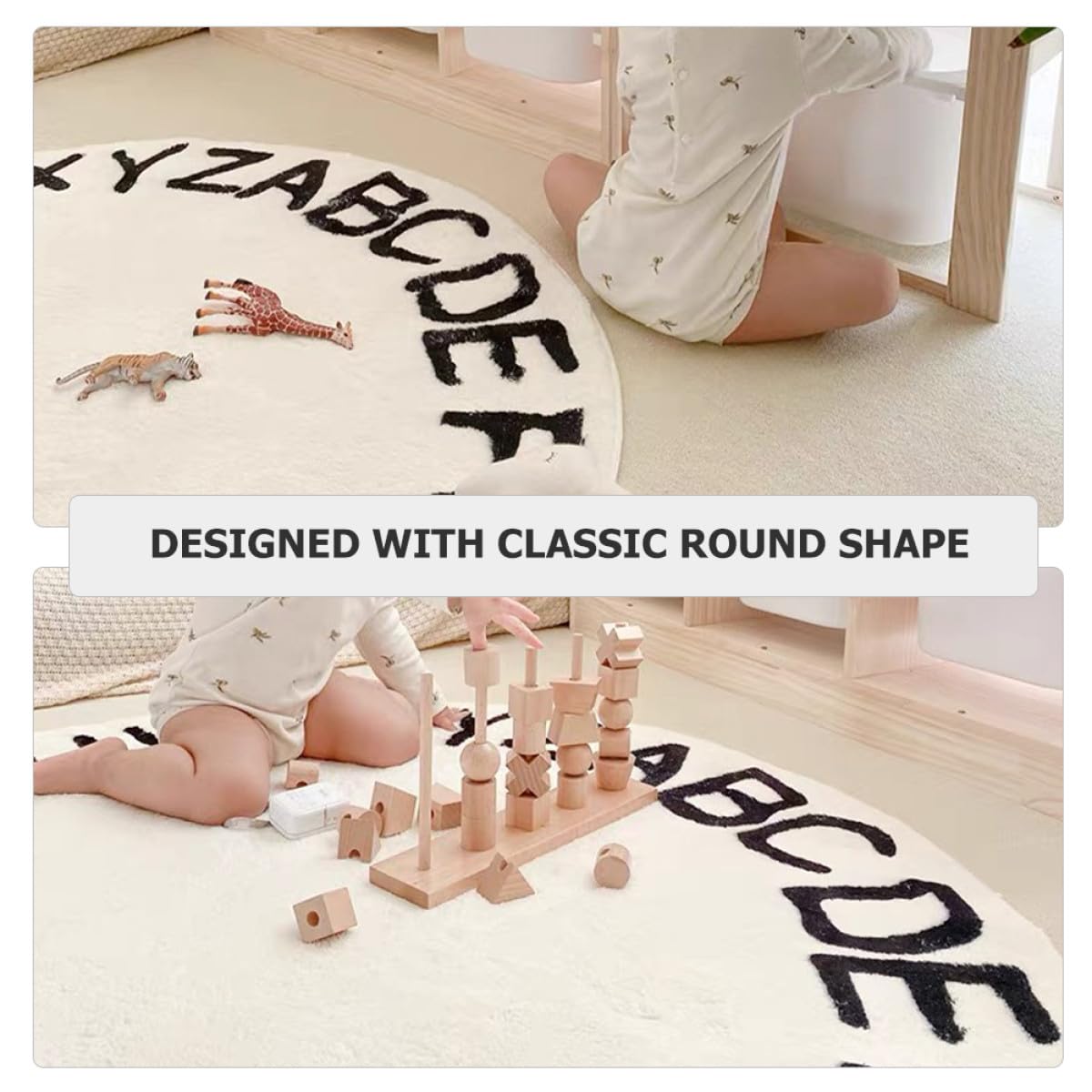 UKCOCO Runder Kinderteppich 80x80cm aus Baumwolle rutschfeste Bodenmatte mit Weißen Buchstaben Weiche Fußmatte für Kinderzimmer und Wohnzimmer