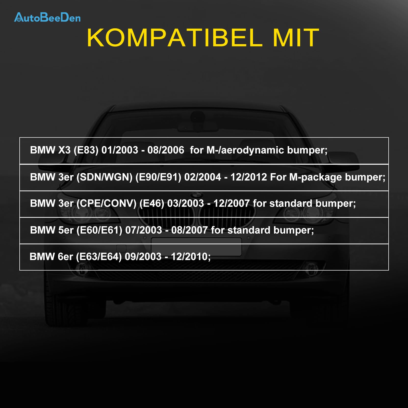 Fendinebbia compatibile con BMW E90 E91 E46 E60 E61 E63 E64 E83 X3, Serie 3 5 6, 01/2003 - 12/2012, HB4, 1 Paio (Nero)