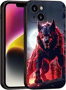 Printed with Wolf for iPhone 14 case, Under The Full Moon, The Wolf King with Untamed Power and Radiating Red Eyes - Silicone Shockproof Case (A1-Wolfs-Animal)