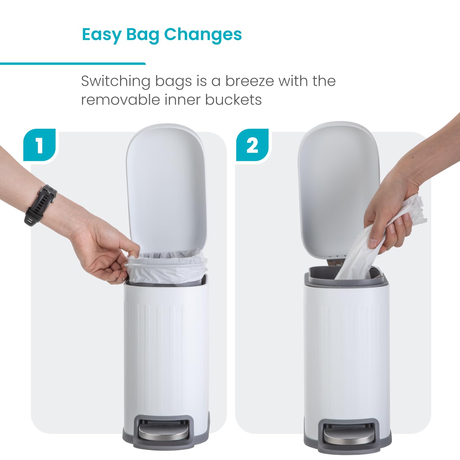 Home Zone Living Kleiner Badezimmer-Mülleimer mit Deckel, mattweißer Edelstahl-Mülleimer mit schlanker, schmaler Form und herausnehmbarem Einsatz, Trittpedal, 5 Liter