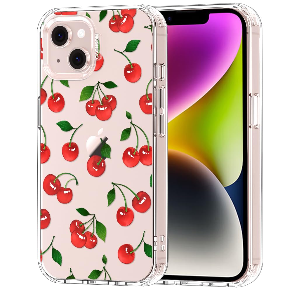 Case for iPhone 13/14, [Buffertech 6.6ft Military-Grade Drop Protection] [Anti Peel Off Tech] Clear TPU Bumper Phone Case Cover Design - Cute Cherry