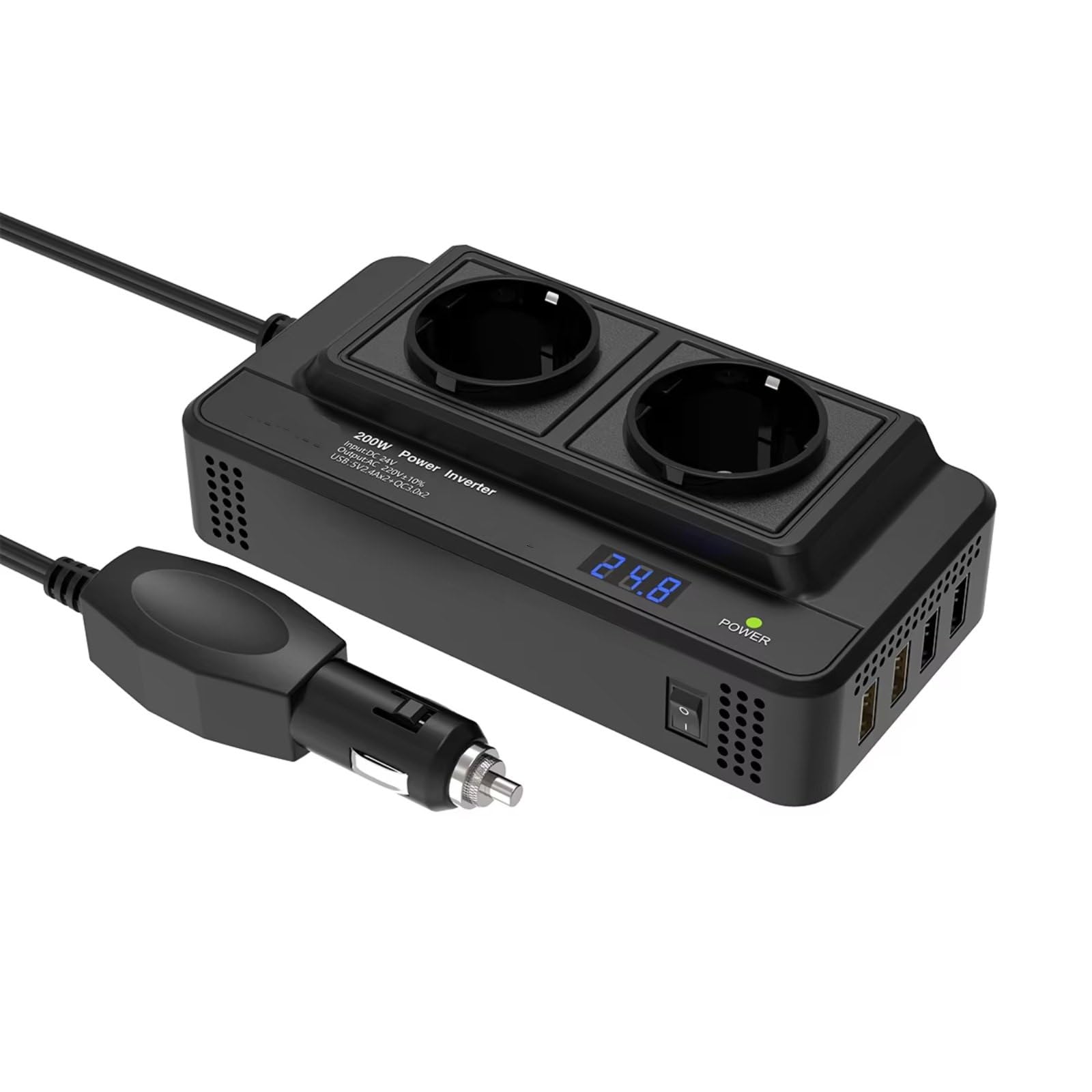 Inverter Onda Pura Inverter Di Potenza Meind 200W 24V A 220V Doppia Presa CA UE Porte Di Ricarica Rapida USB E QC 3.0 Con Presa Accendisigari Convertitore