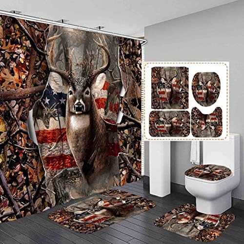 Camille&Andrew 4PCS American Flag Deer Shower Curtain Set, Elk Moose Wildlife Animal Hunting Cabin Camo Tree Woodland 4th of July Patriotic Country Rustic Farmhouse Bathroom Decor, Non-Slip Bath Mat