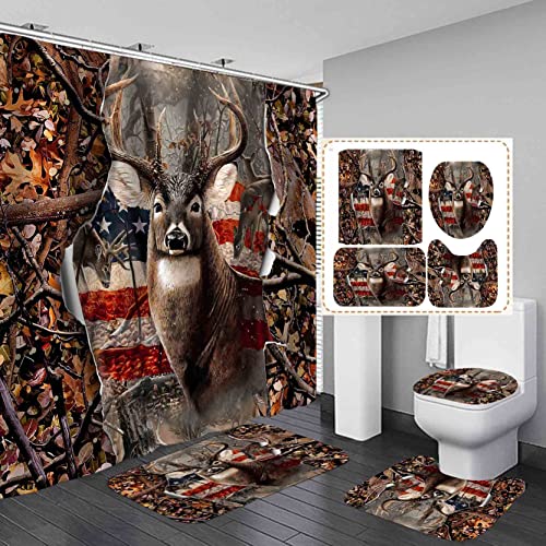 Camille&Andrew 4Pcs American Flag Deer Shower Curtain Set, Elk Moose Wildlife Animal Hunting Cabin Camo Tree Woodland 4Th Of July Patriotic Country Rustic Farmhouse Bathroom Decor, Non-Slip Bath Mat #TOP14