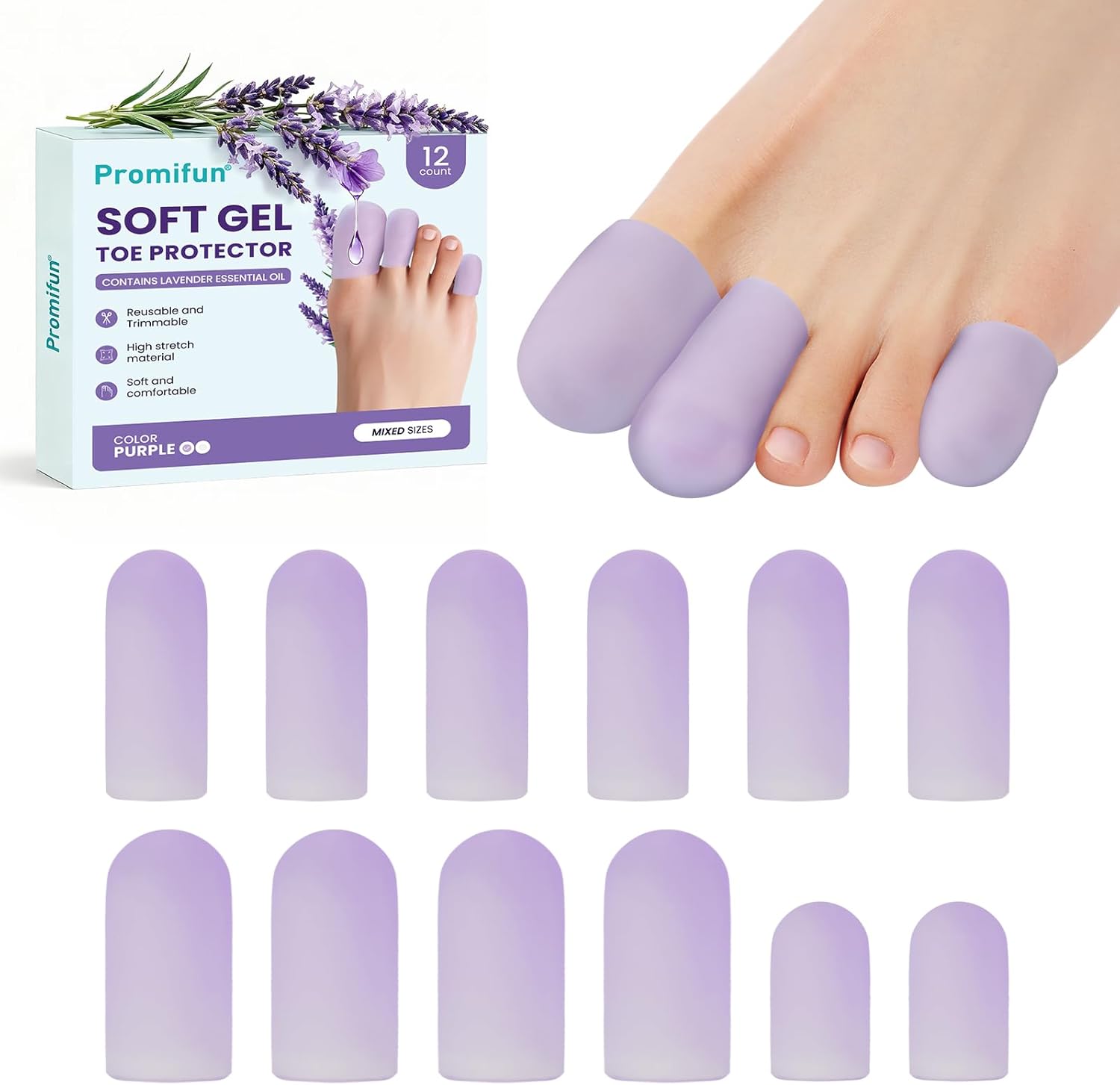 Promifun Silicone Toe Protectors, 12 pcs Soft Gel Toe Protectors for Men & Women-Toe Caps for Foot Pain Relief-Toe Sleeves for Ingrown Toenails, Corns, Calluses, Blisters(Lavender, 4L+6M+2S)