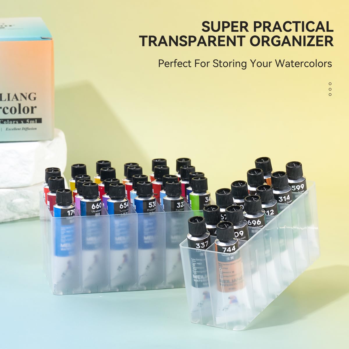 Meiliang - Juego de acuarelas de 36 colores con práctica caja de almacenamiento de plástico, fácil de organizar, excelente pigmentación y distribución, 36 x 5 ml