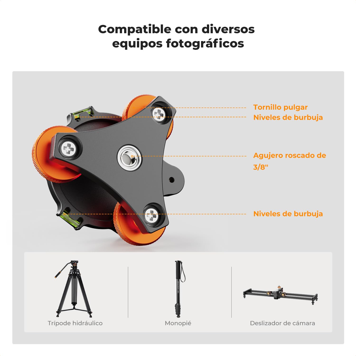 K&F CONCEPT Base Niveladora Trípode con Tornillo de 3/8'', Ajuste Preciso del Ángulo de -5°, Nivelación de Tres Ruedas para Fotografía Macro Panorámica con Adaptador de Tornillo de 1/4'' a 3/8''