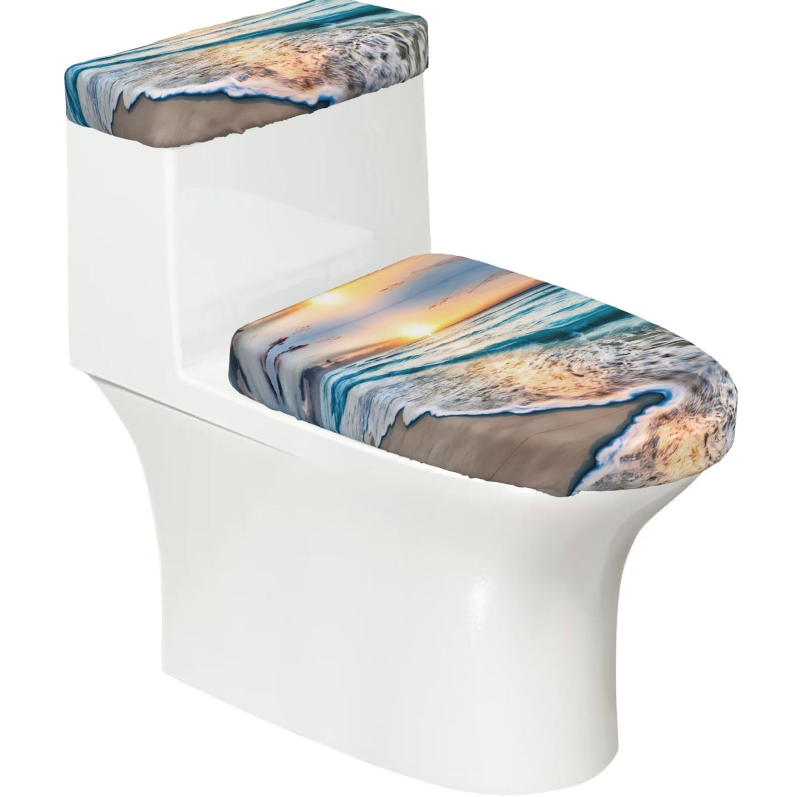 Wzycwb Black Beach Sunset Ocean 2-Piece Toilet Seat Cover Set With Tank Lid, Elastic Fit For U-Shape & Elongated Toilets, Bathroom Decor, Housewarming Gift