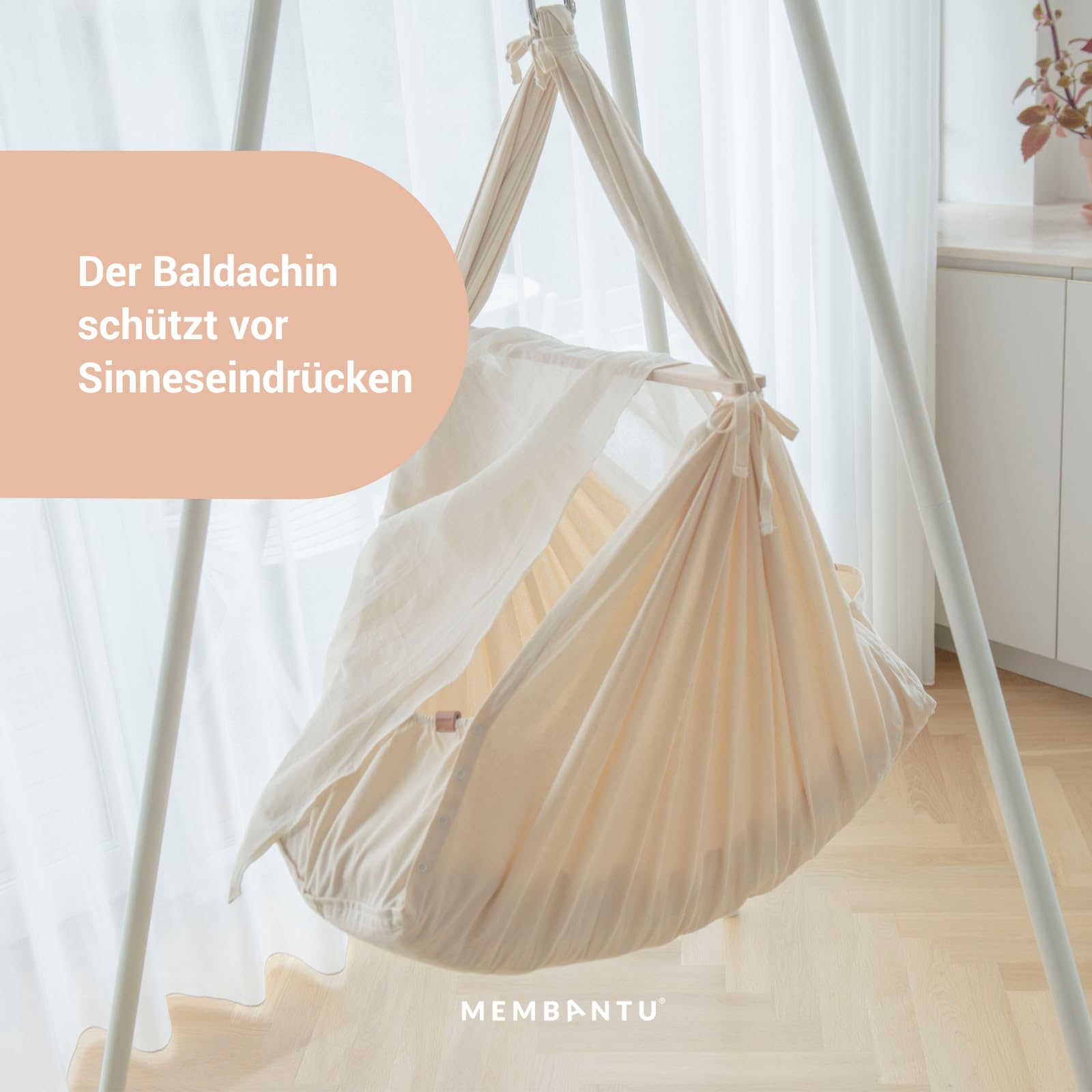 Premium Federwiegenset – Federwiege Premium aus 100% Bio-Baumwolle mit Öko-Wollmatratze, Baldachin & Tasche, Wiegenständer Premium, LeeLo02 Motor mit App-Steuerung & Schlaftracking (Grau)