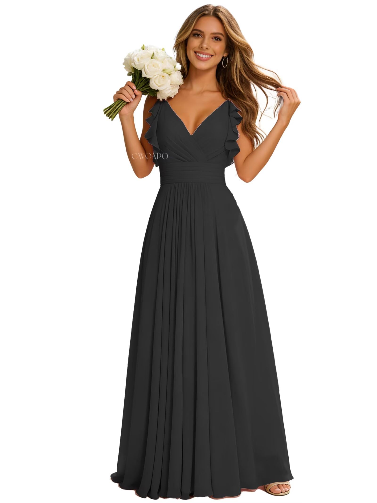 CWOAPO V Neck Bridesmaid Dresses for Women Long Ruffles Chiffon Spaghetti Straps A Line Pleated Formal Evening Gowns