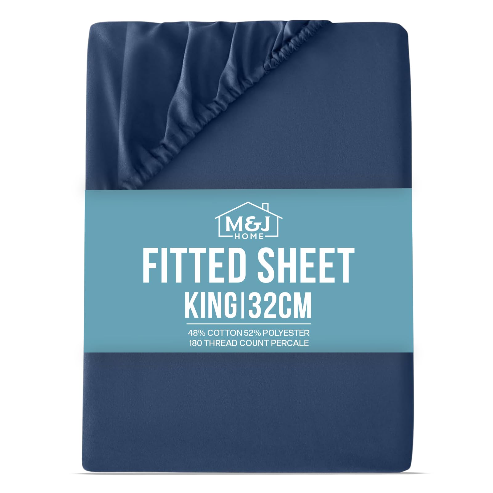 M&J Home King Bed Deep Fitted Sheet Navy - Extra Deep Pocket 32cm (12.5 inch) - 180 Thread Count Percale - 48% Cotton 52% Polyester - Crisp Breathable Comfort - Machine Washable - OEKO-TEX Certified