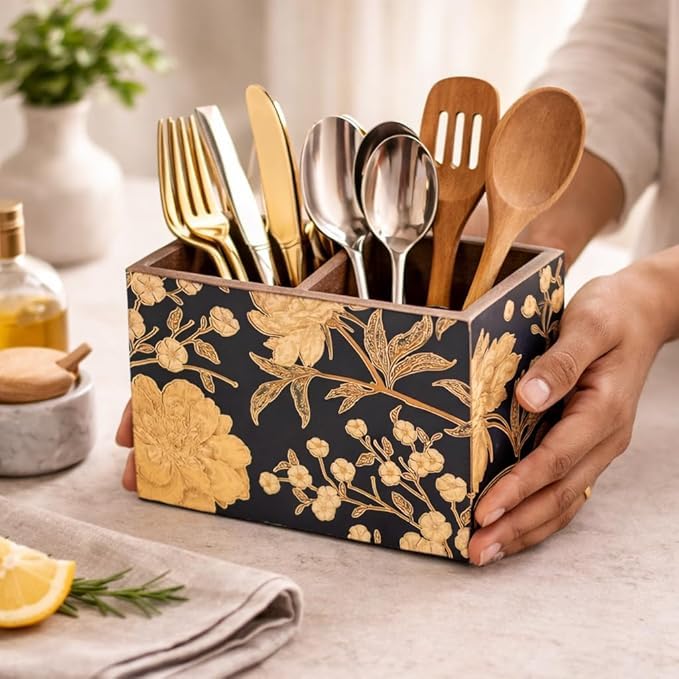 Image of Wooden Spoon Holder for Dining Table | 2-Section Cutlery Storage Box | Kitchen Utensil Organizer with Elegant Gold black Pattern | Multipurpose Tabletop Stand | 10 x 16 x 12 cm (Black Design)