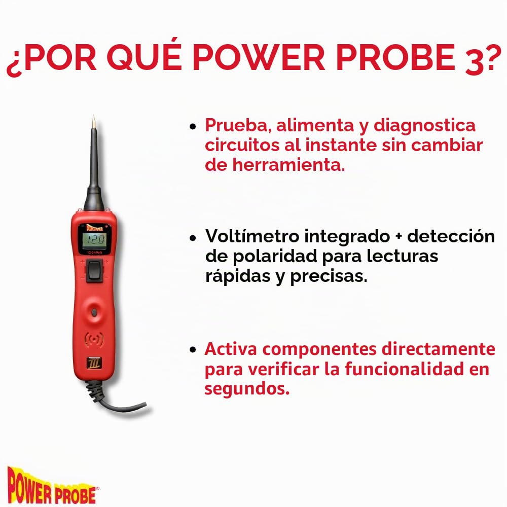 Power Probe 3 PP319FTCRED Kit Comprobador de Circuitos Coche | Voltímetro 12V 24V DC, Inyeccion de Potencia y Masa, Cable 6m mas Alargador 6m, Adaptador de Mechero, Maletin