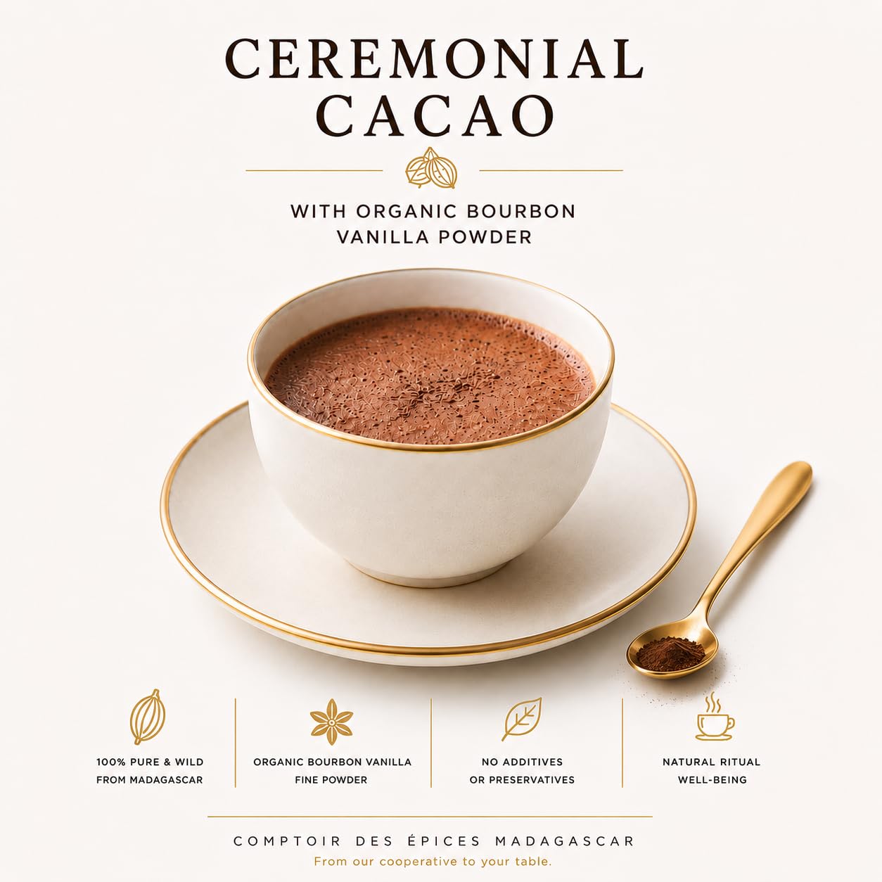 Masse de Cacao Cérémonial 500g – 100% Pur + Poudre Vanille Bourbon BIO 10g Offerte – Direct Producteur – Notre Coopérative – COMPTOIR DES EPICES MADAGASCAR