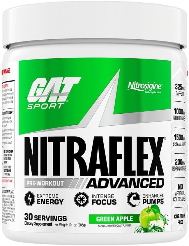 GAT SPORT Nitraflex Advanced Pre-Workout Powder, Increases Blood Flow, Boosts Strength and Energy, Improves Exercise Performance, Creatine-Free (Green Apple, 30 Servings)