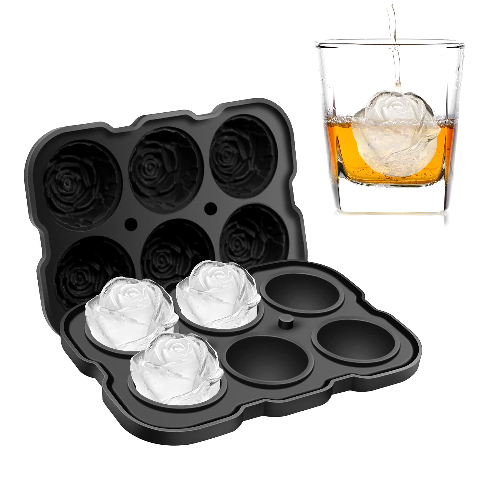 Mikiwon Ice Cube Tray, 2 inch Rose Ice Cube Trays With Covers, 6 Cavity Silicone Rose Ice Ball Maker, Easy Release Large Ice Cube Form for Chilled Cocktails, Whiskey, Bourbon & Homemade Juice