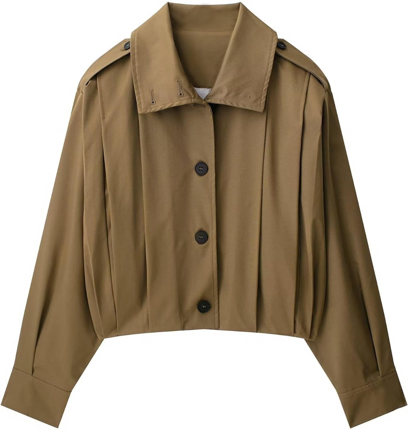 FindThy Women’s Cropped Pleated Jacket Casual Lapel Collar Long Sleeve Button Down Outerwear Trench Coat
