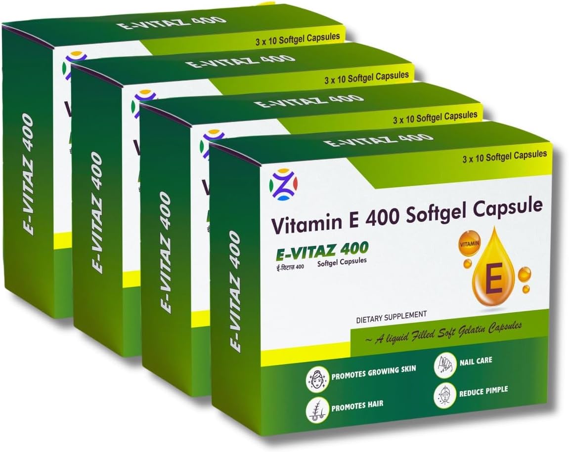 Vitamin E 400mg Softgel Capsules | E-Vitaz 400 -For Hair, Skin and Nail Care | Pack Of 12 (120 Capsule)