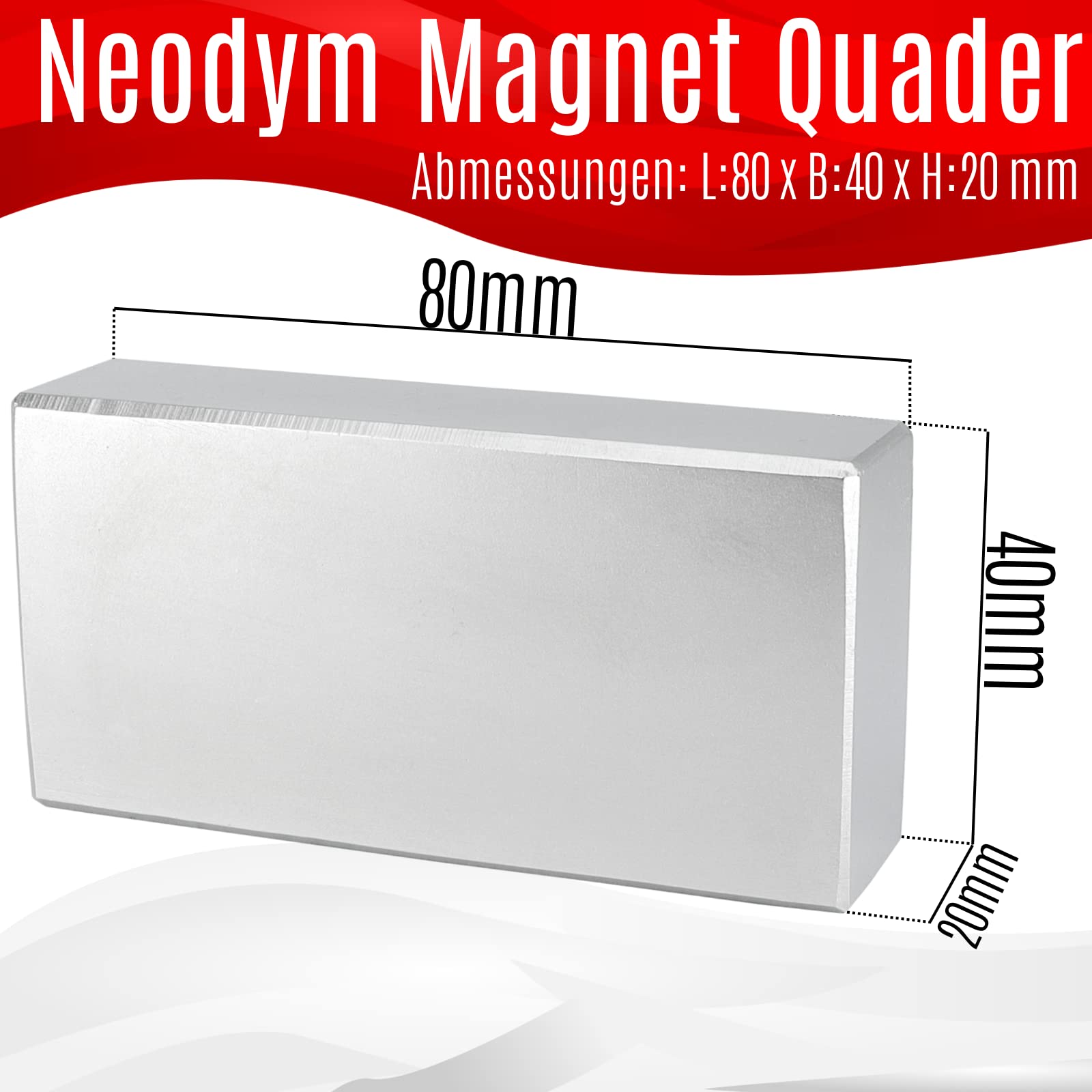 Magnes neodymowy N52 80 mm x 40 mm x 20 mm – bardzo mocny super magnes prostopadłościan duży – magnesy neodymowe 220 kg Power Block płyta