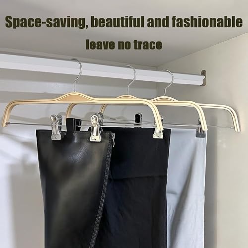 Miniatura 6 de Paquete de 30 perchas de madera natural de 14.5 pulgadas para pantalones, exhibición de ropa, faldas de madera, ganchos inferiores de metal