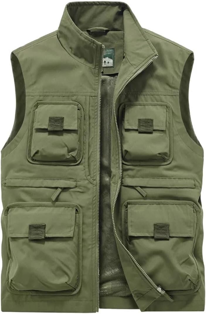Gilet da Esterno Multi-Tasca Traspirante Giacca da Pesca Gilet da Strada Gilet da Pesca Gilet da Campeggio for Escursioni all'aperto(Khaki,L)