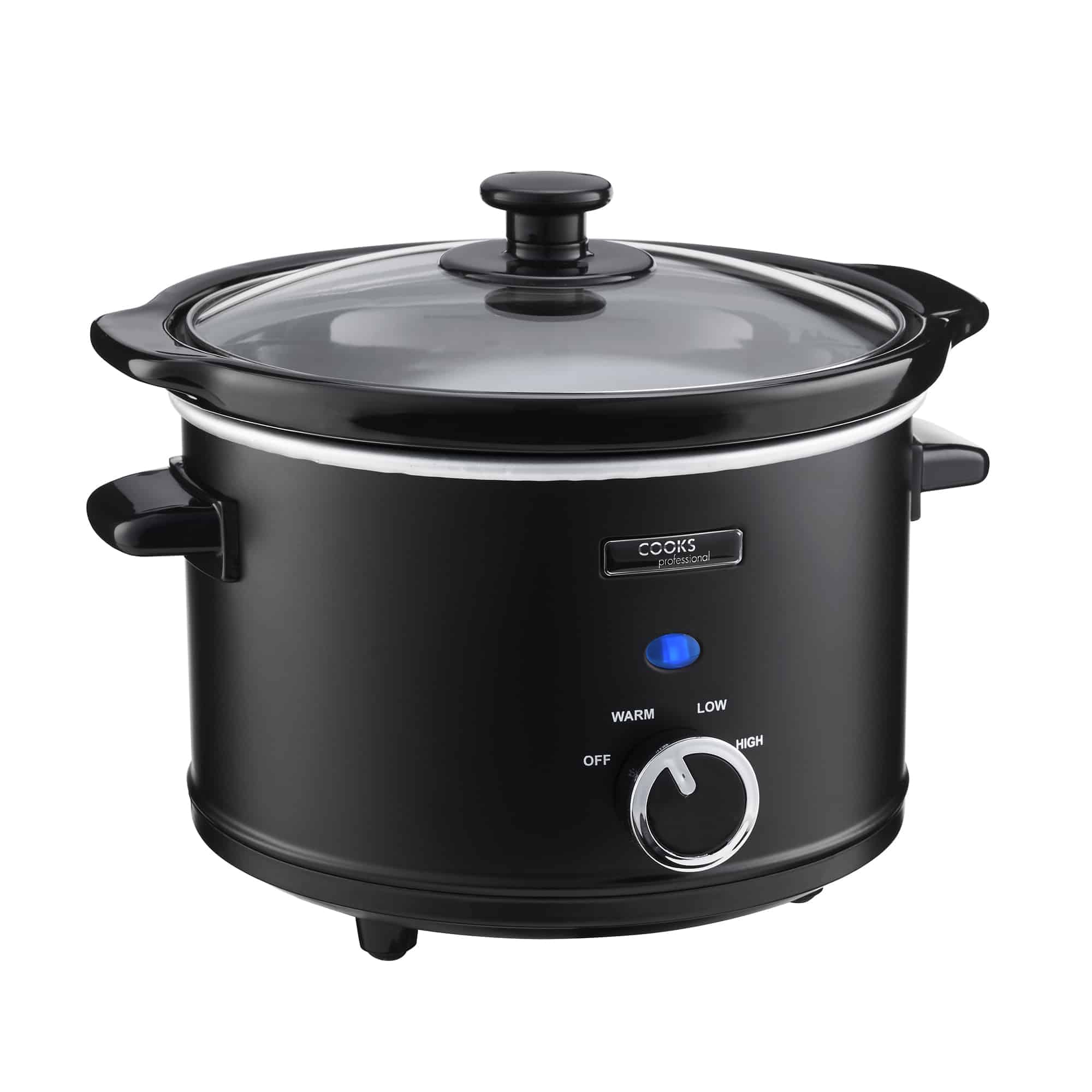Cooks Professional Slow Cooker 2.5 Litre with Glass Lid, Cool Touch Handles, Dishwasher Safe Bowl, 2 Heat Settings & Keep Warm Function | Small Mini One Pot Cooking Machine | Black