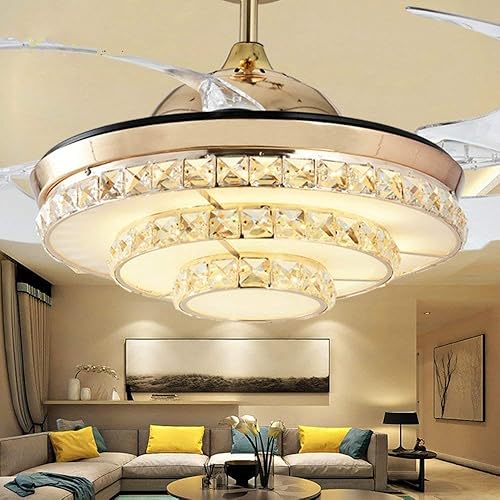 Ventilador de techo invisible de 42 pulgadas con luz cambiante de 3 colores, control remoto, aspas retráctiles, para sala de estar, comedor,