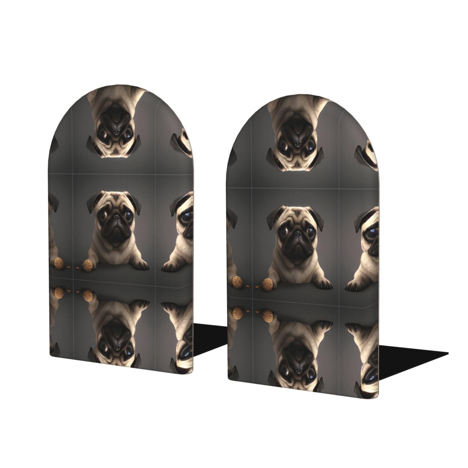 Cute Pretty Pug Dog Stylish Bookends with Full-Print Design Durable Wooden and Metal Bookend Set for Home, Office