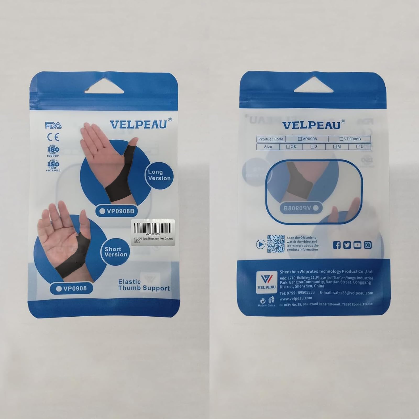 VELPEAU Elastic Thumb Wrist Support Brace (Pack of 2), Splashproof Compression Sleeve for Arthritis Pain, Tendonitis, Sprains, Sports, Splint Liner, Fits Left & Right Hands (Black, Long Version, S) — view 8