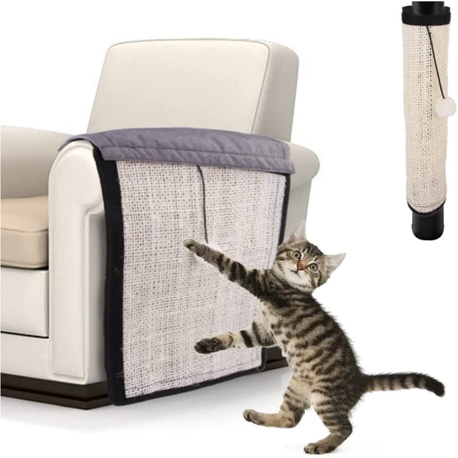 Beauenty Cat Scratch Pad, Cat Scratching Mat & Natural Sisal Fabric Sofa Shield Furniture Protection Pad Durable & Washable Cat Scratcher Pad Cover with One Cute Ball (S)