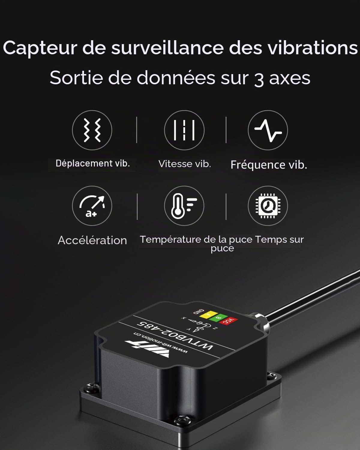 [Capteur de vibrations Modbus RS485] Transducteur étanche IP68 WTVB02-485, détecteur d'accélération de vibrations 3 axes (fréquence + déplacement + vitesse), module