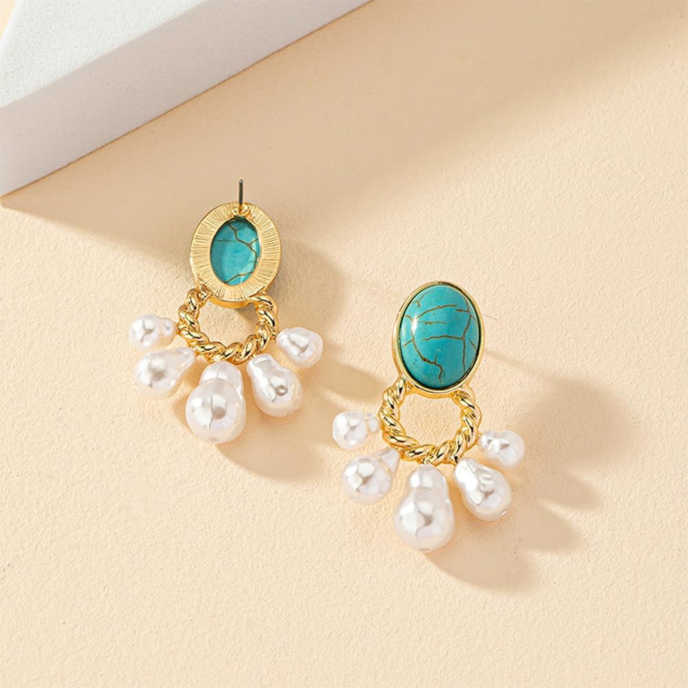 YERTTER Dainty Turquoise Faux Pearl Earrings Vintage Statement Dangle Earrings Pearl Tassel Drop Earrings for Women - Image 5