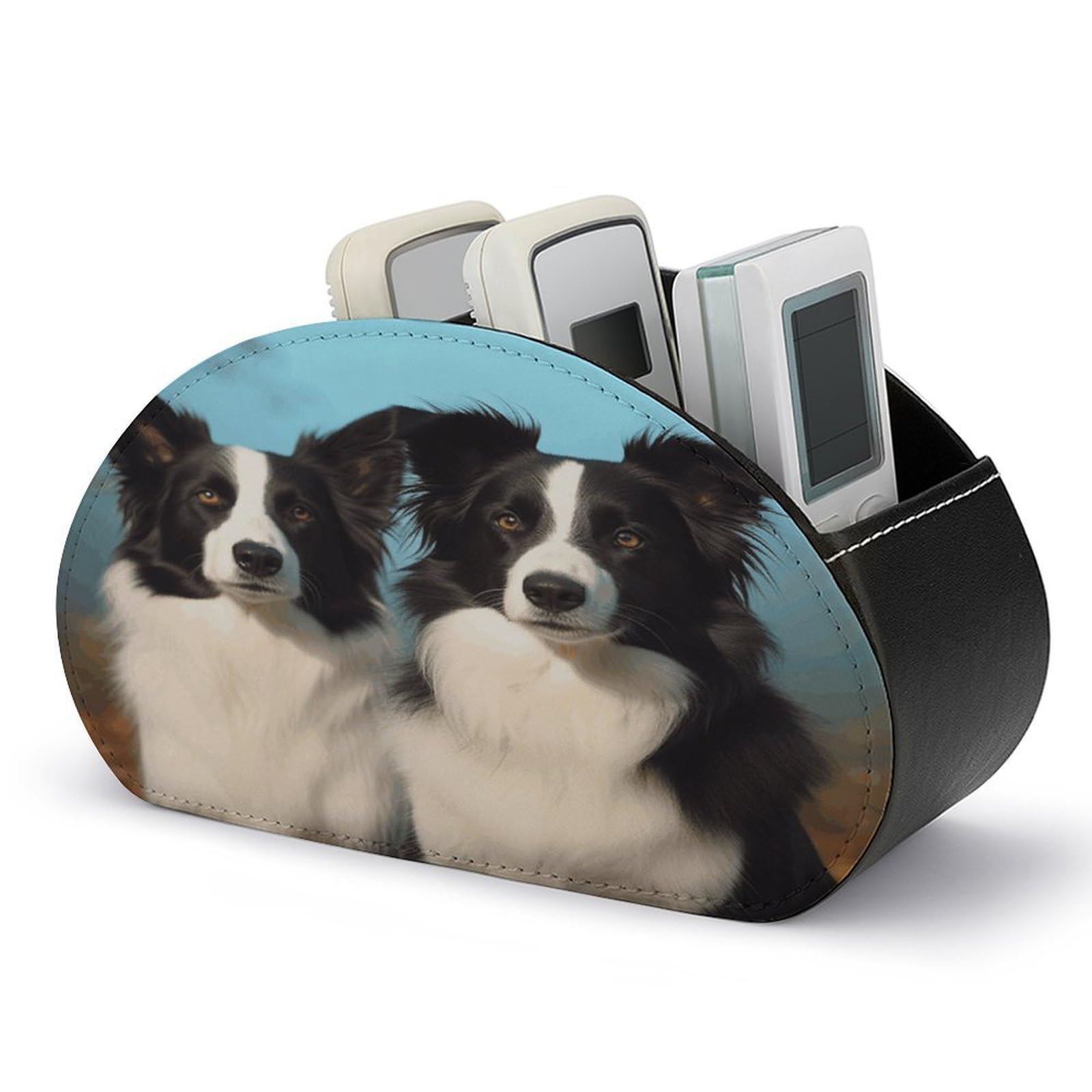 VstaDank Border Collie Remote Control Holder with 5 Compartments PU Leather Remote Caddy Desktop Organizer Store TV Remote Control Storage Box for Home Office Desk Nightstand