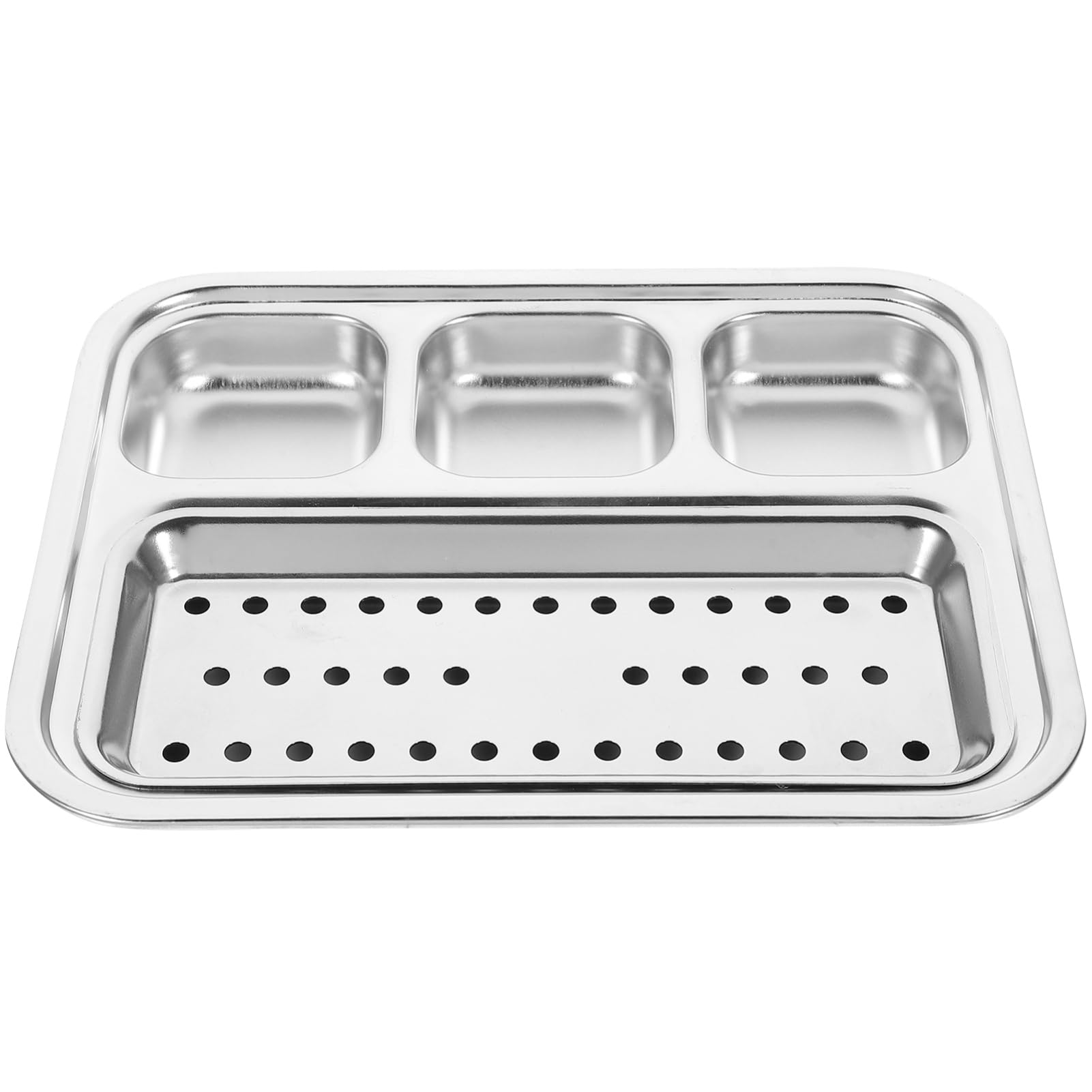 SOLUSTRE 1 Set Stainless Steel Divided Food Plate Compartment Dipping Sauce Dish with Oil Filter for Camping Picnics Indoor Outdoor Use Easy to Clean