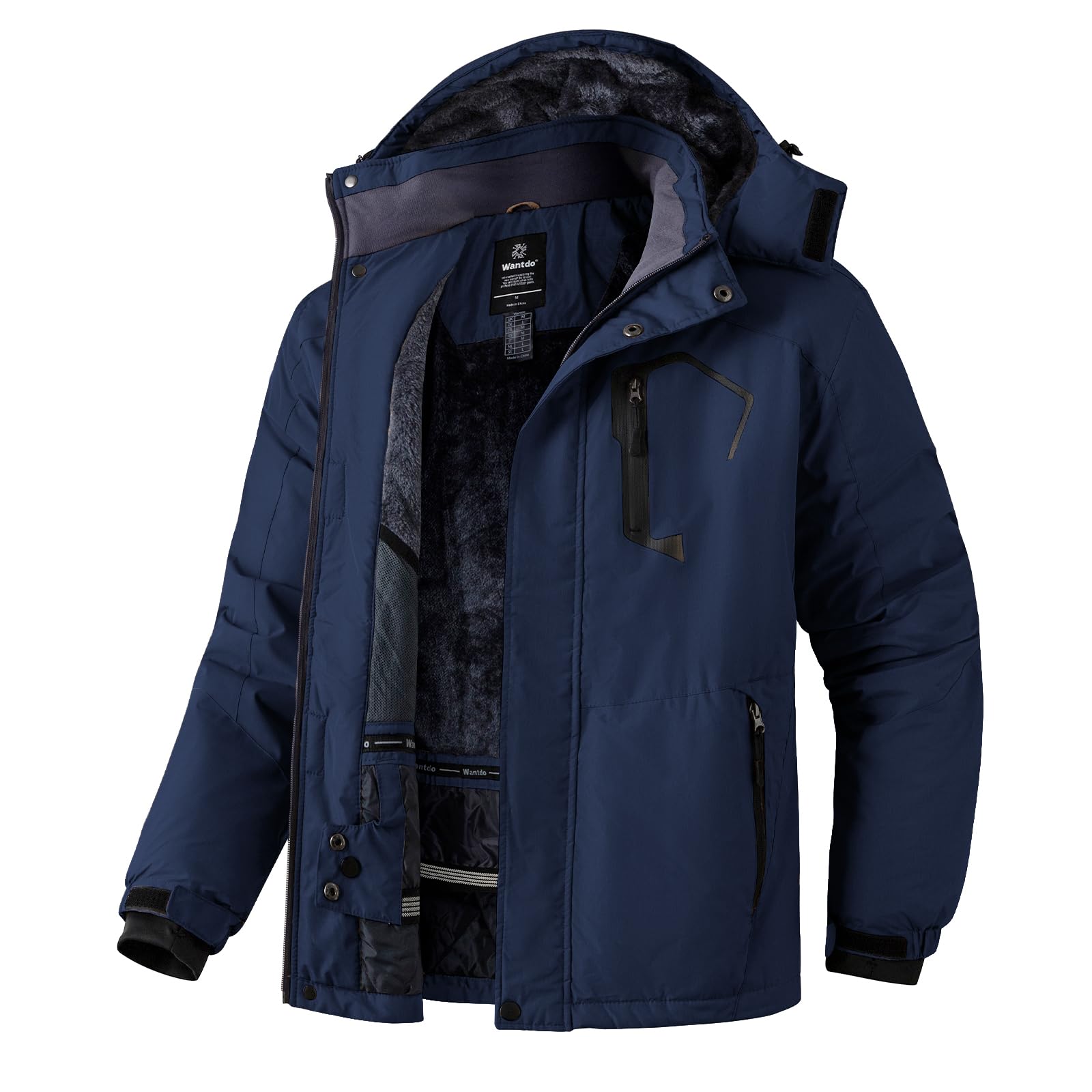 Wantdo Giacca da Sci Montagna Calda Invernale Parka da Neve Imbottita Cappotto da Snowboard in Pile Giubbotto con Cappuccio Impermeabile Uomo