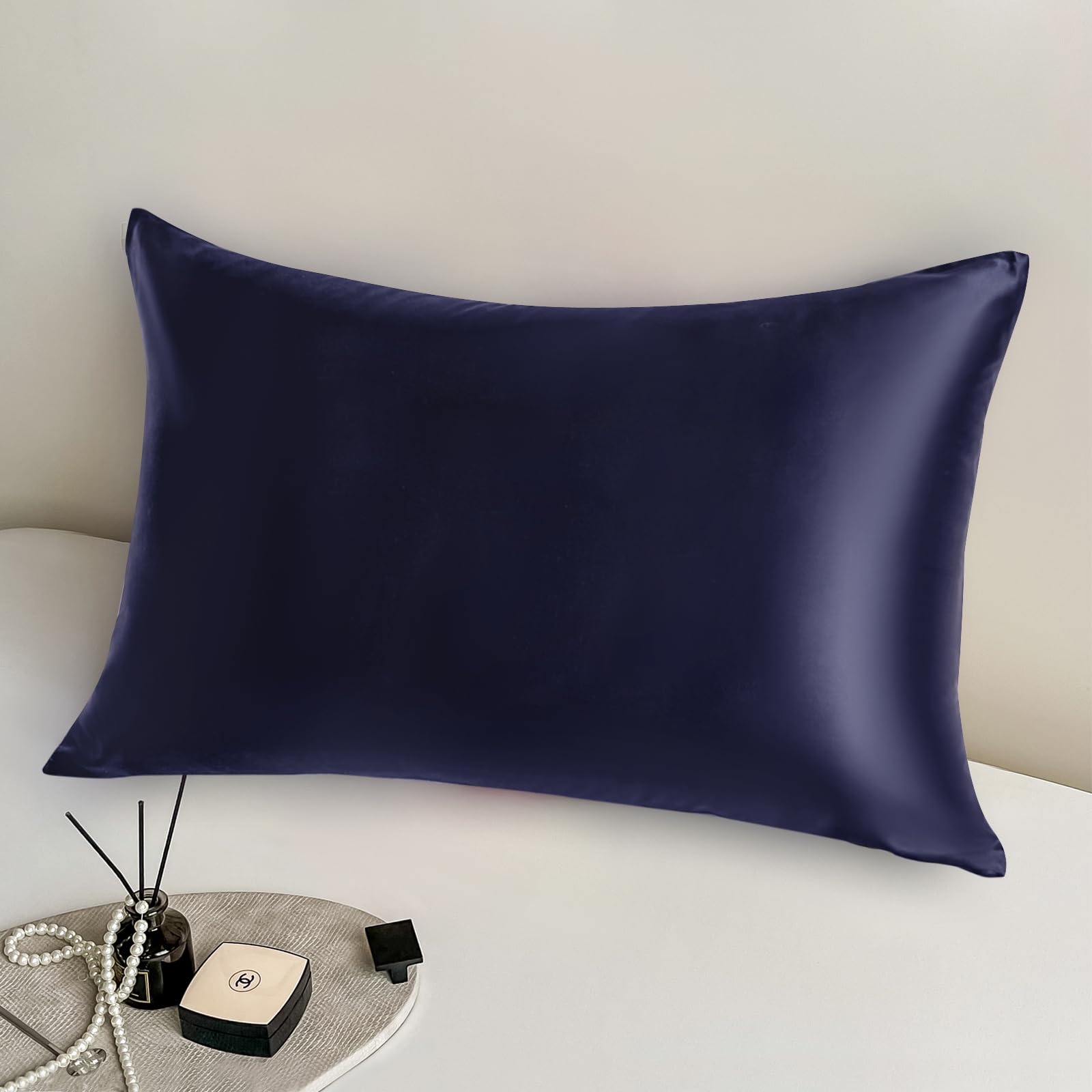 100% Pure Mulberry Silk Pillowcase for Hair and Skin,Both Sides Grade 6A Natural Silk Pillow Cases with Hidden Zipper,600 Thread Count,Soft and Health,1pc(Standard 20"x26",Navy Blue)