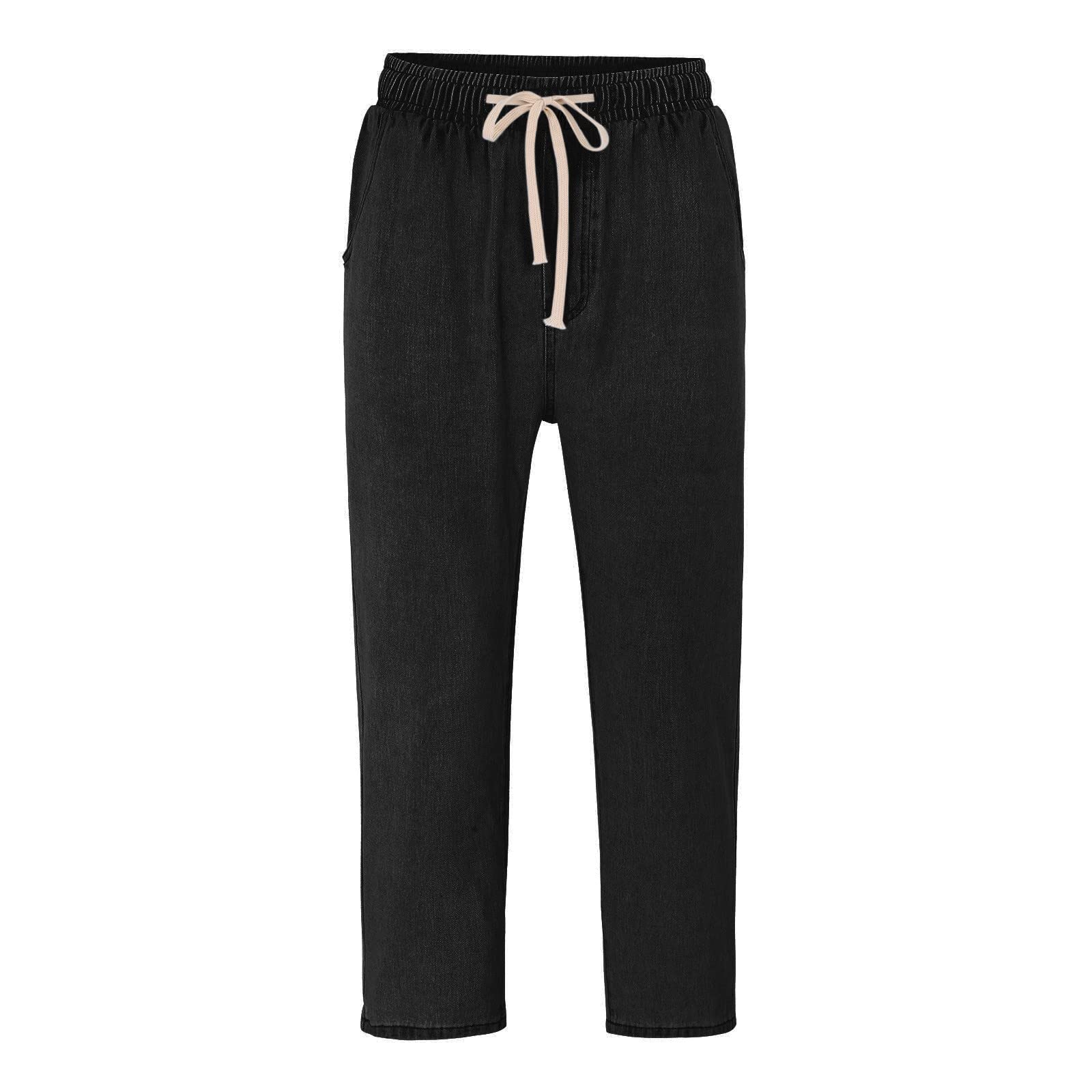 GenericMens Straight Leg Denim Pants Relaxed Fit Elastic Waist Drawstring Cotton Washed Distressed Denim Pants Classic Basic Heavy Duty Durable Work Utility Safety Trousers with Pockets