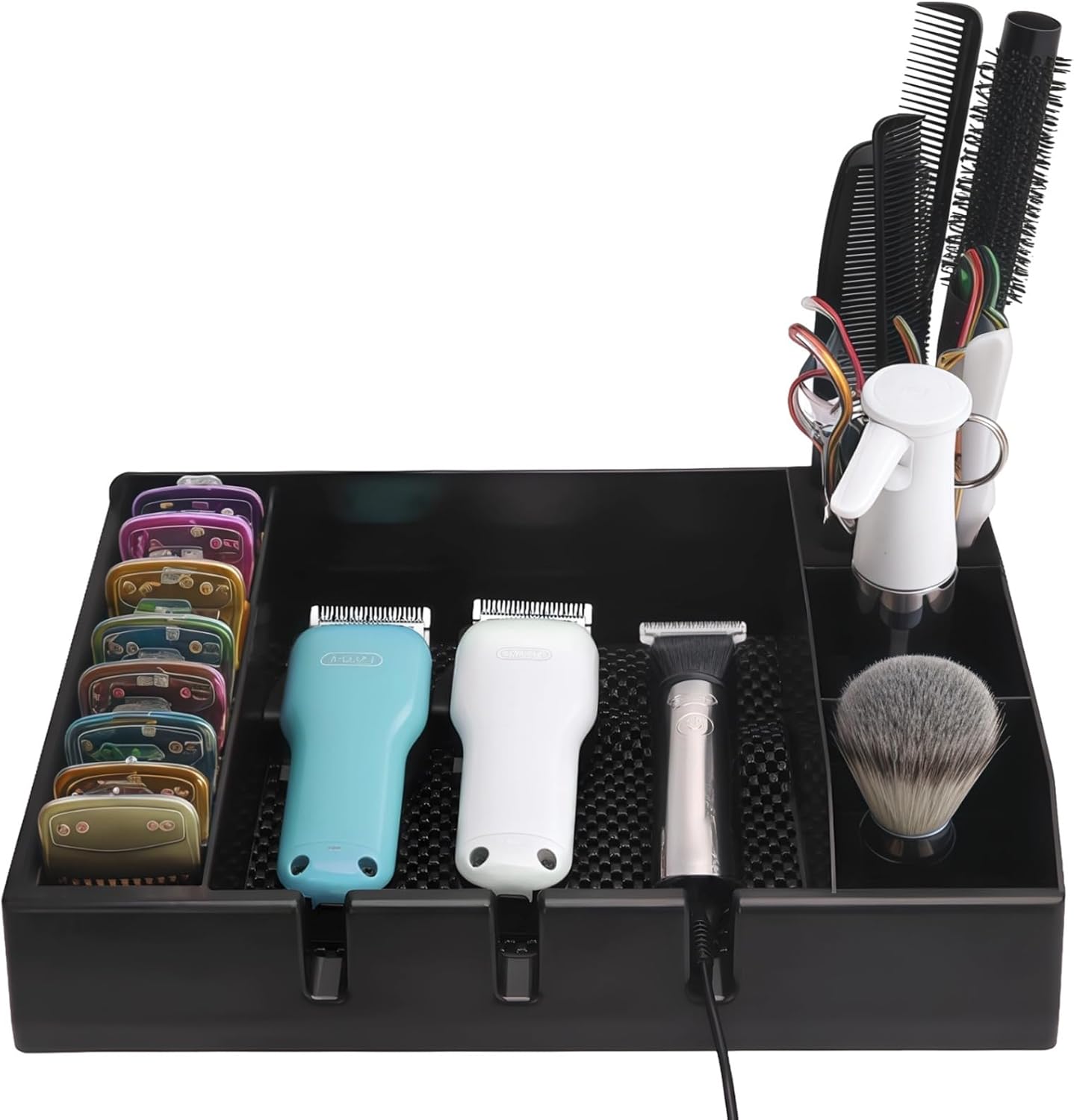 BOSREROY Hair Clipper Organizer Tray, Multifunctional Salon Storage for Clippers, Scissors, Combs, Non-Slip Design in Abs Plastic