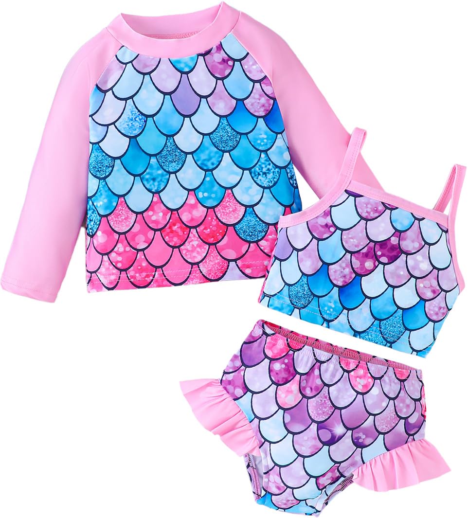 Kleinkinder Mädchen 3 Teiliges Rashguard Badeanzug-Set Langärmeliger Bademode Tankini UPF-Sonnenschutz für Sommer Badebekleidung 12 Monate-5 Jahre
