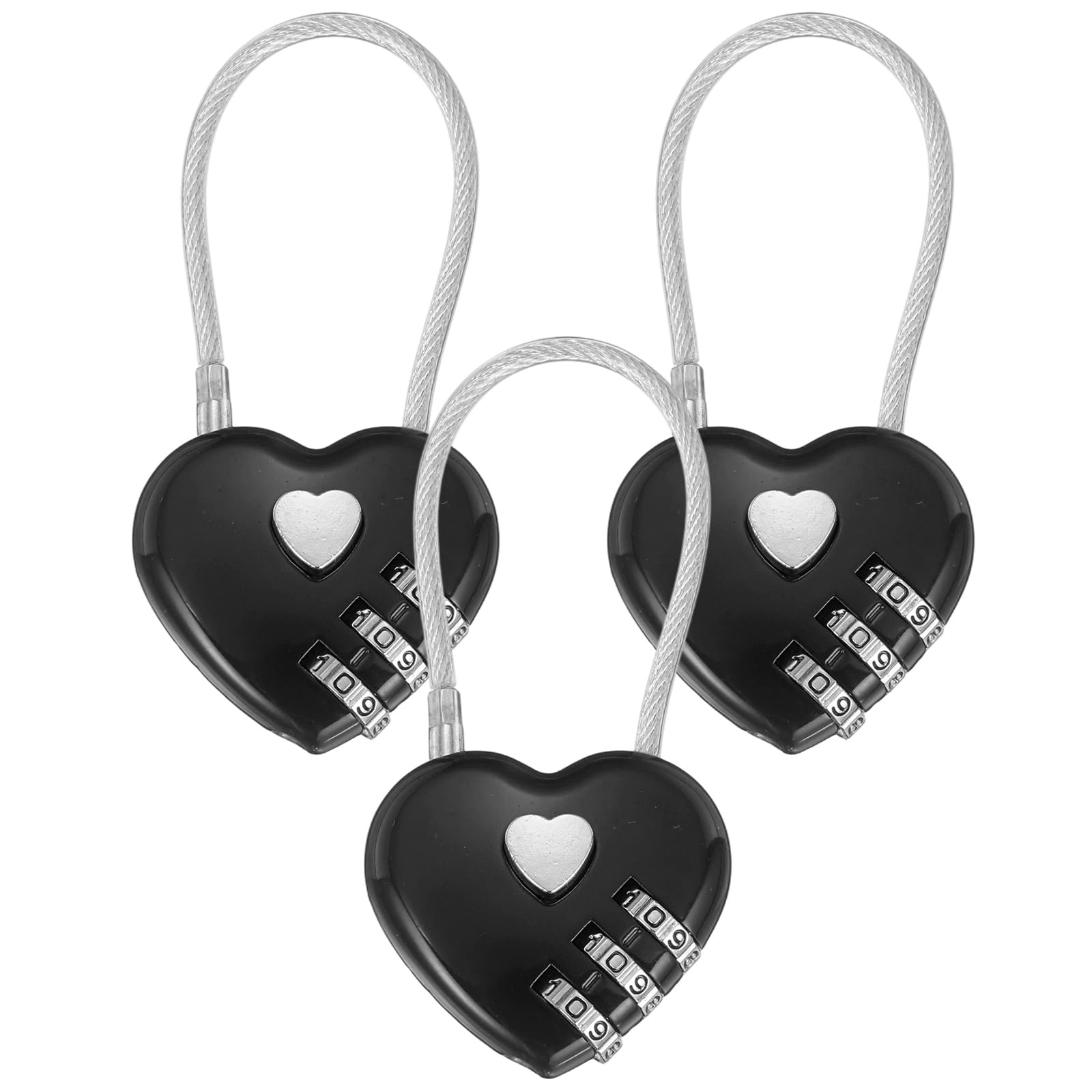 M METERXITY 3-Pack Combination Locker Lock, 3 Digit Heart Shaped Padlock Gym Locks with Cable for Luggage/Suitcase/Backpack Zipper/Outdoor, Small Combo Lock [Black]
