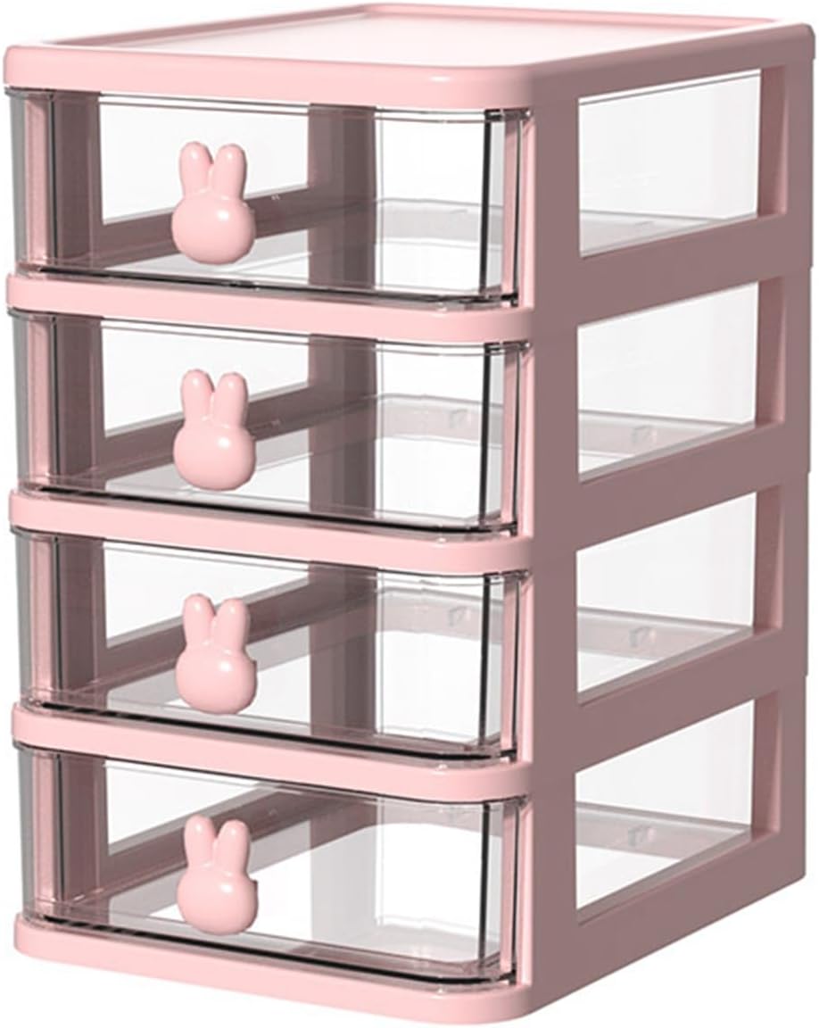 Desk Storage Box, Multi-Level Transparent Plastic Organiser for Small Drawers with Bunny Handle for Books, Pens, Office Supplies (Pink)