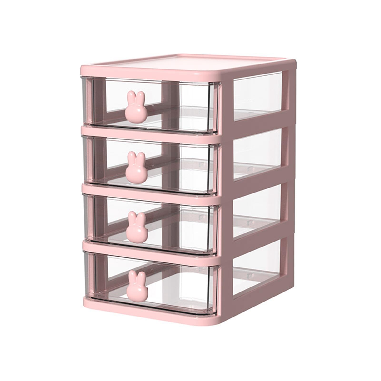 Desk Storage Box, Multi-Level Transparent Plastic Organiser for Small Drawers with Bunny Handle for Books, Pens, Office Supplies (Pink)